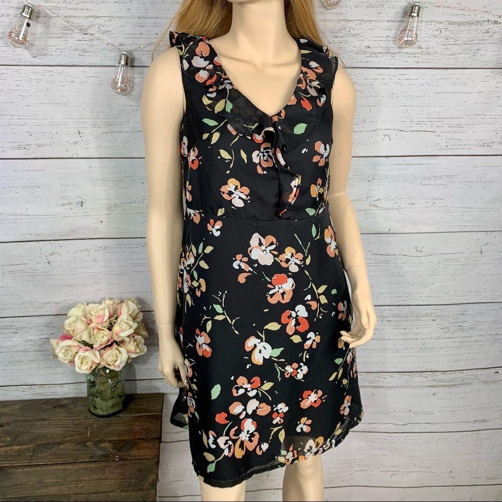 MERONA Black Floral Ruffle Collar Sheath Sundress WITH POCKETS! :)